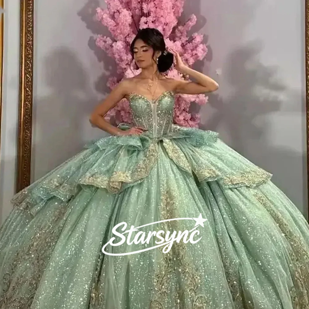 sage green quinceanera dresses Starsync Customized Glittering Dress With Bow Crystal Gold Lace Beading Birthday Party Vestidos pretty bridesmaid dresses