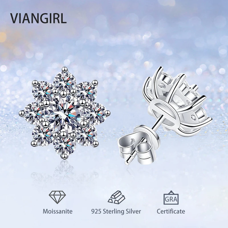 

D Color Moissanite Full Diamond Sunflower Stud Earrings for Women 925 Silver Luxury Wedding Party Jewelry with GRA Certificate