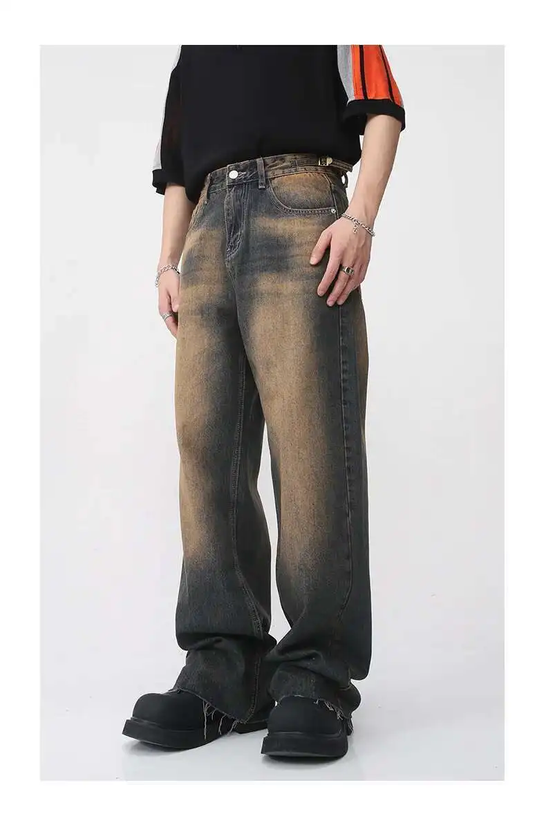 [IEFB] Herren Vintage Jeans mit Farbverlauf Y2K Streetwear Mittelhohes Bein mit Ausgefranstem Saum Distressed Denim Lange Hose 9A8628 – Detail 9