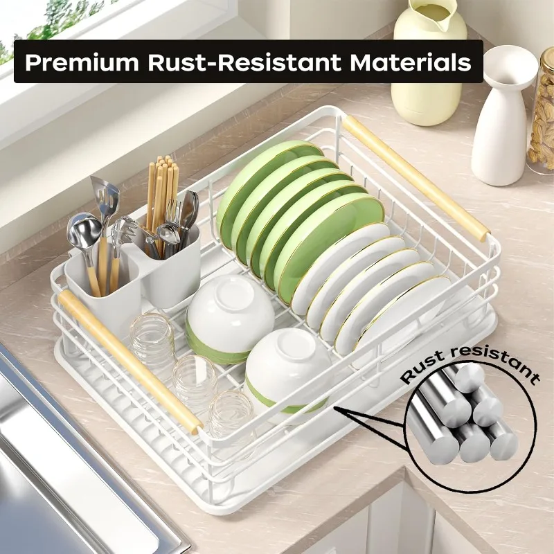 Dish Racks for Kitchen Counter: Wooden Handles, Thickened Metal, No Assembly. Small Dish Drying Rack: Ideal for Small
