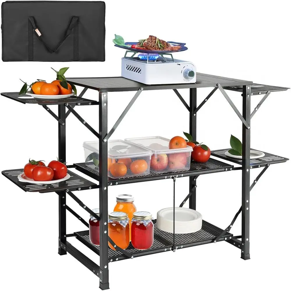 

Camping Kitchen Table, olding Portable Outdoor Cook Station with 4 Iron Side, 2 Shelves & Carrying Bag, Quick Installation or Pi