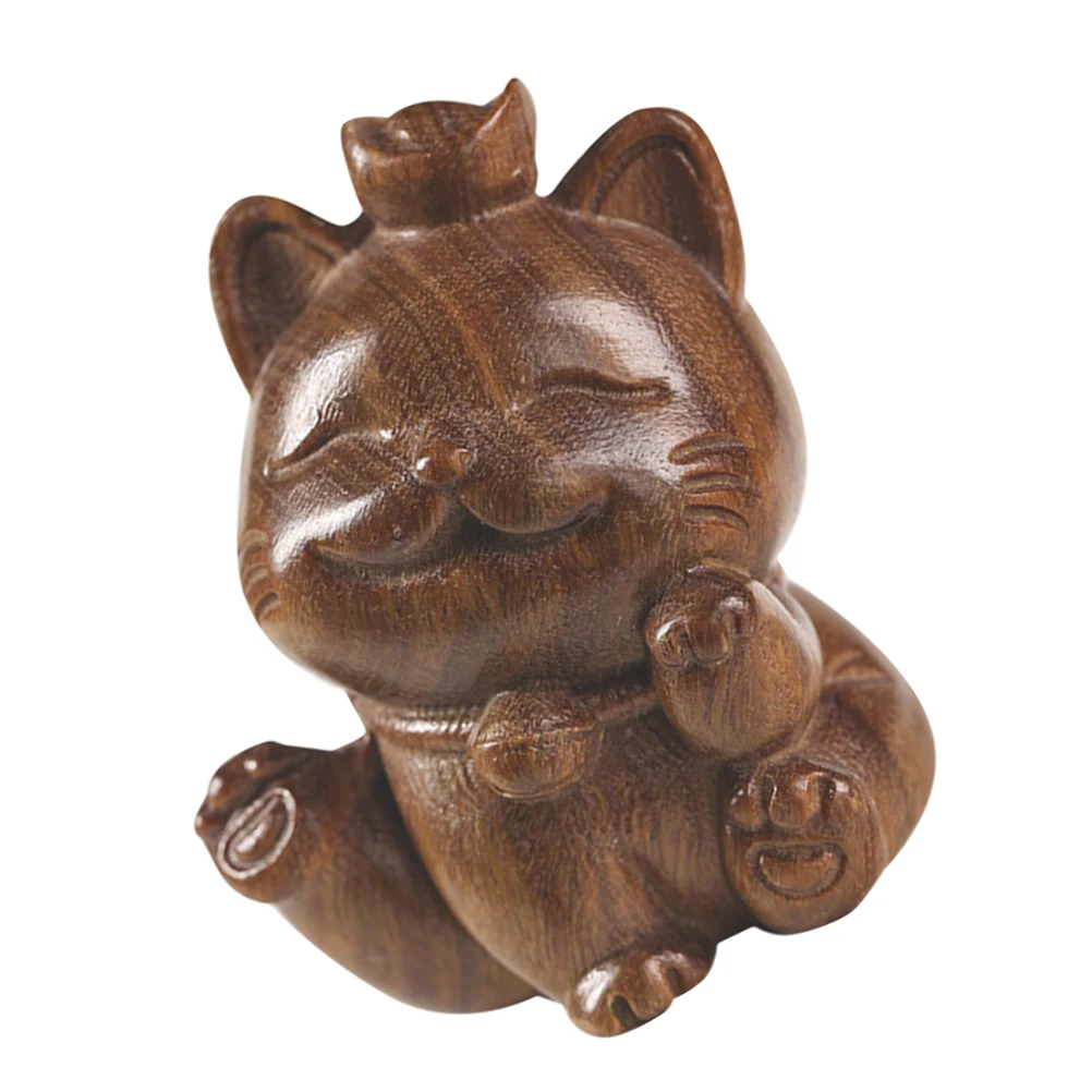 

Wooden Carving Cat Decor Unique Design Wear Resistant Creative Home Figurines Artistic Green Sandalwood Cat Adornment