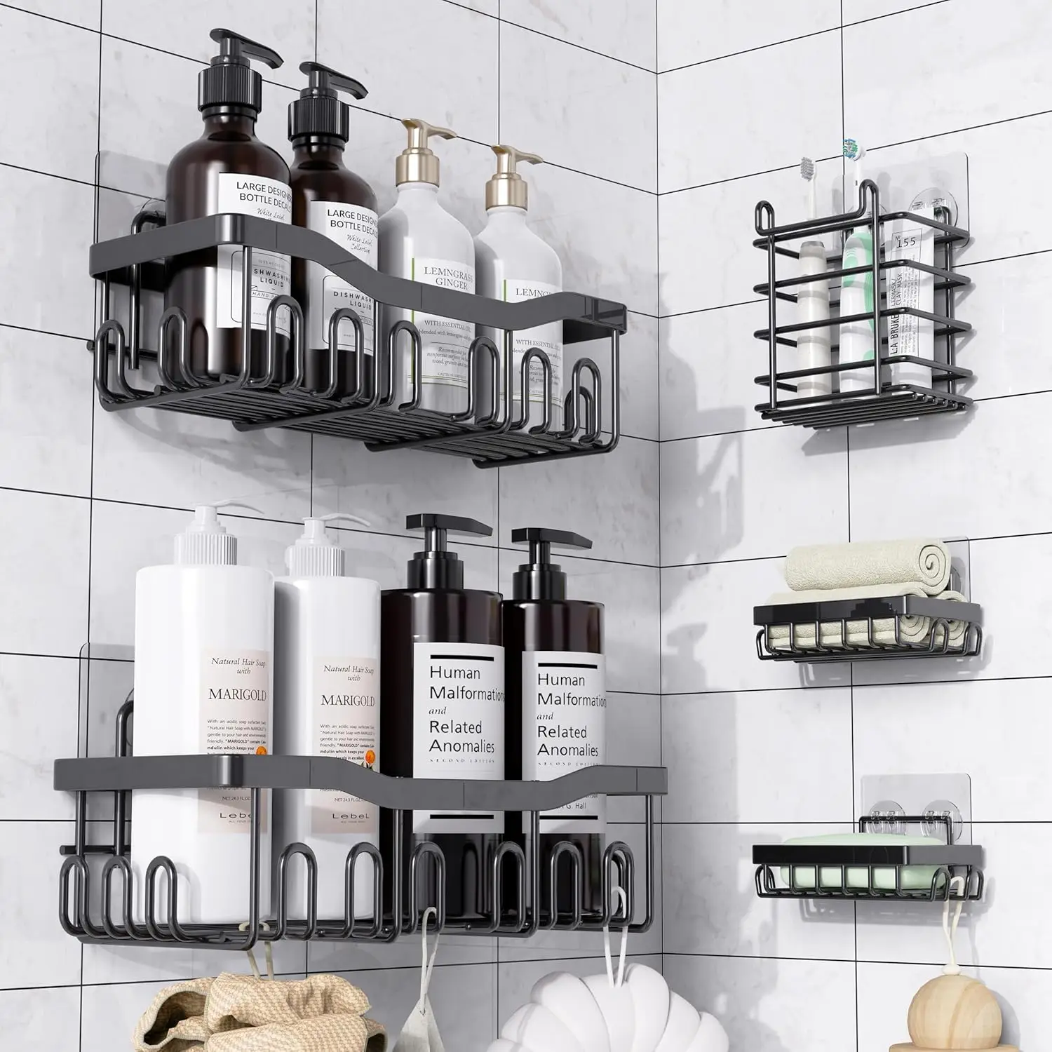 

5-Pack Rustproof Stainless Steel Shower Caddy Set with Adhesive Mount, Large Capacity Bathroom Organizer