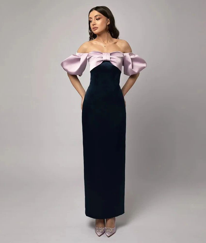 

Customized Sexy Satin Straight Off the Shoulder 3D Bow Evening Dress New fashion Boat Neck Short Sleeves Celebrity Gowns