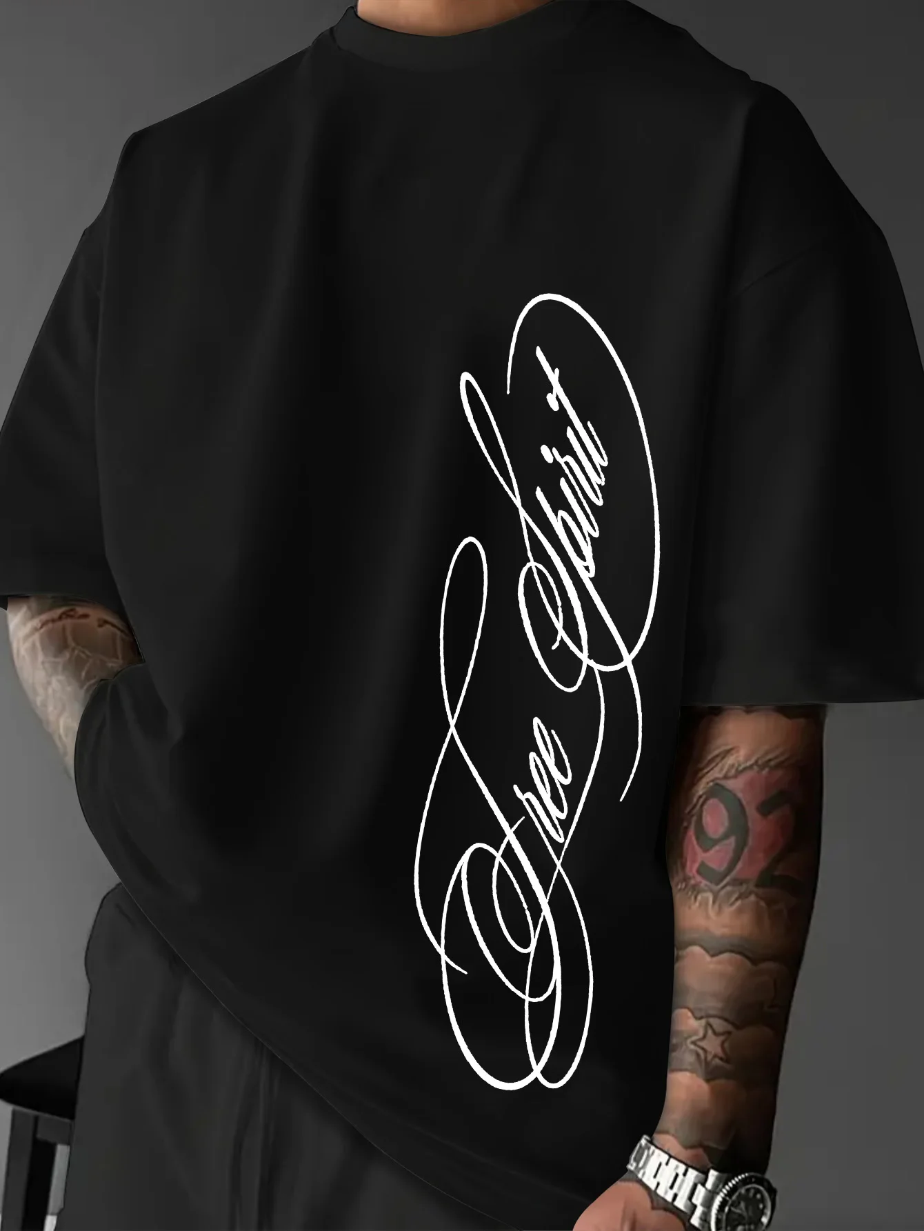 Oversized Drop Shoulder Men T Shirt Back Wing Sword Crown Script Print Crew Neck Casual Tee S-XXL