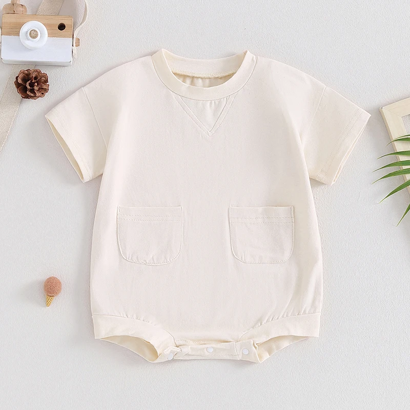 

Newborn Baby Boy Romper Outfit Solid Fall Bodysuit with Pockets Casual Daily Jumpsuit Long Sleeve Clothes