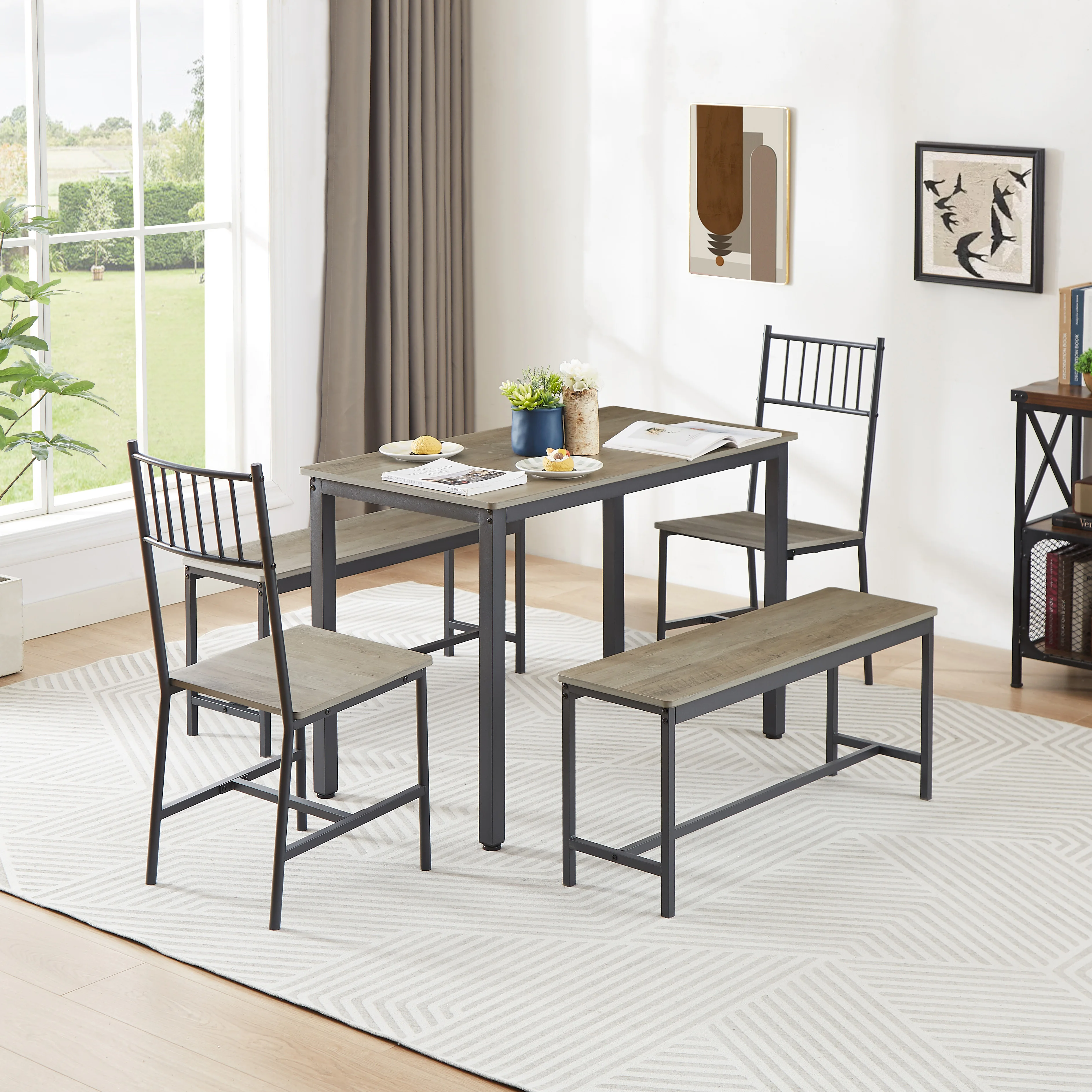 Dining Table Set, Barstool Dining Table with 2 Benches 2 Back Chairs, Industrial Dining Table for Kitchen Breakfast Table, Livin