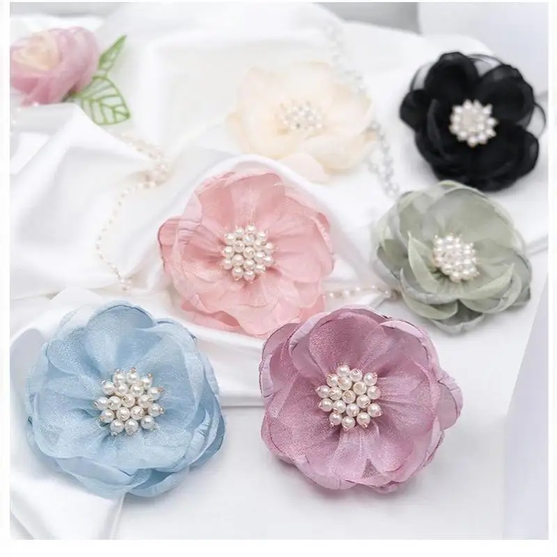 5Pcs 3D Beaded Center Chiffon Artificial Flowers for DIY Sewing Garment Patch Photo Prop Party Decoration