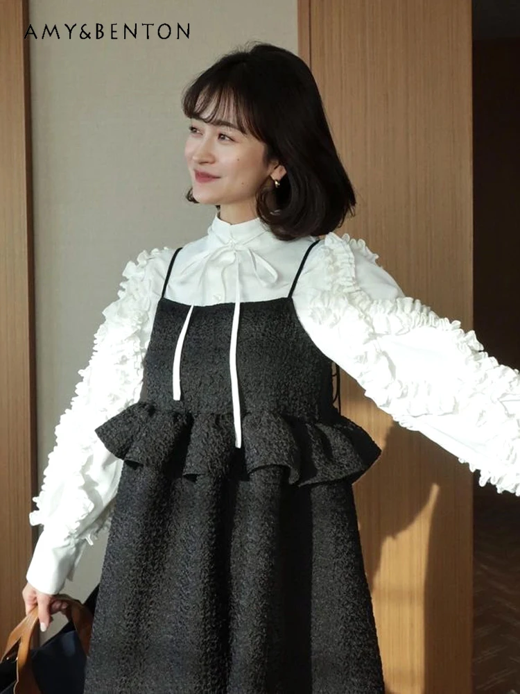 Japanese Cute Vintage Ruffled Lantern Sleeve Stand-up Collar Tie Single-Breasted Shirt Sweet All-Match Loose Slim Blouse Women