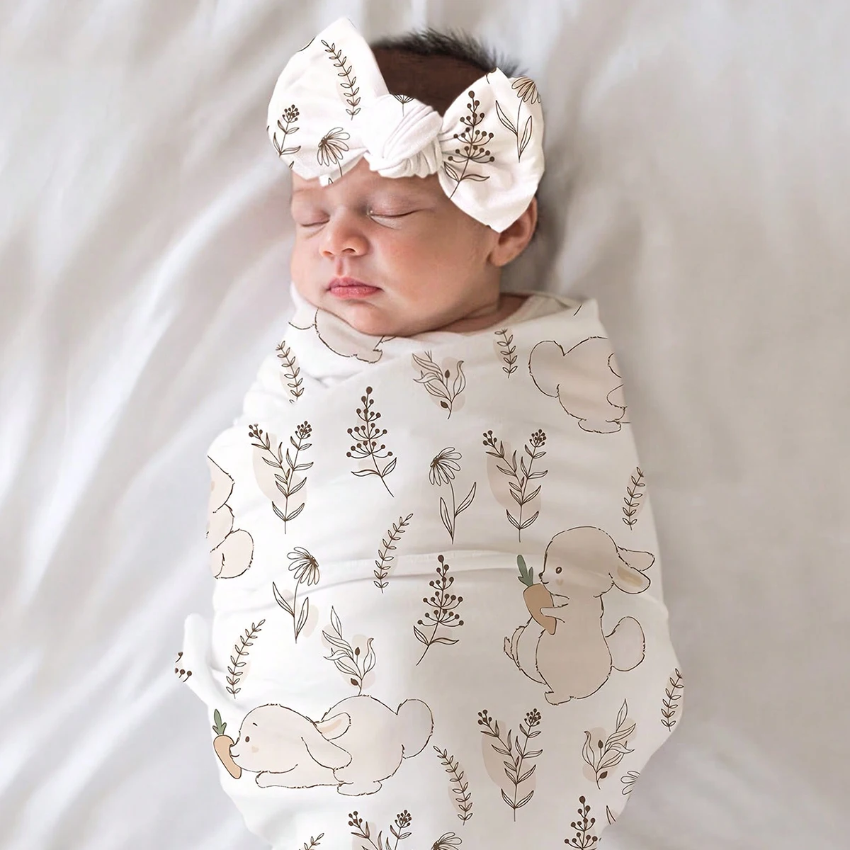 Ylsteed Sweet Floral Bunny Newborn Photography Wrap With Headband Prop for Baby Photoshoot Receiving Swaddle Blanket