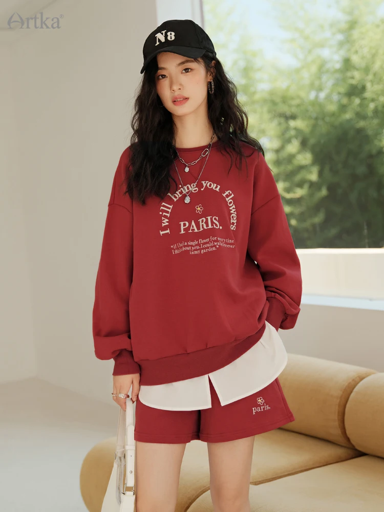 ARTKA 2022 Autumn New Women Suit Fashion Loose Hoodie Two Piece Set Letter Embroidery Sweatshirt High Waist Shorts Set ZA92033Q