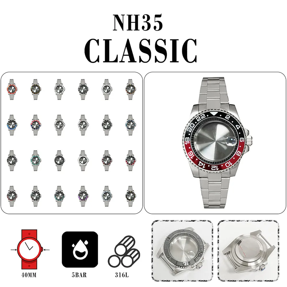 NH35 Case 40mm Stainless Steel Watch Case Strap Set Sapphire Magnifying Glass Watch Shell + Bracelet for NH35/NH36 Movement