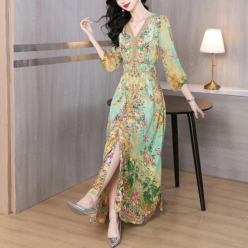 Summer 2025 Luxury Silk Diamonds Maxi Dress Women's Vintage Print Elegant Evening Prom Dress Spring Holiday Boho Hepburn Vestido