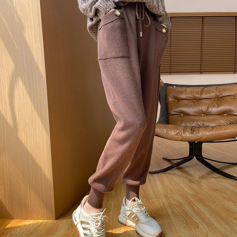 DjzDsm Women's High Waist Cargo Pants 100% Merino Wool Wide Leg Pants Casual Trousers for Ladies Spring and Autumn