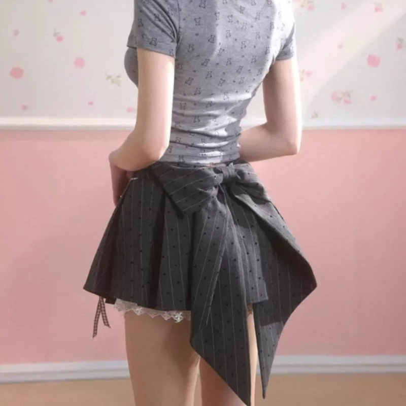 2026 New Y2k Lolita Style Pleated Mini Skirt Women Summer Lace Patchwork Bow Striped Dot Print Cute Trendy Fashion Short Skirt