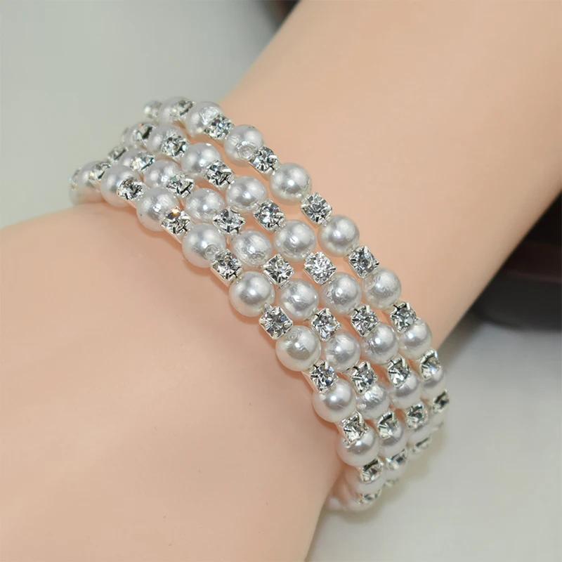 Elegant Crystal Imitation Pearl Bracelet Multilayer Stretchable Pearl Bracelet For Women Bridal Jewelry Gift