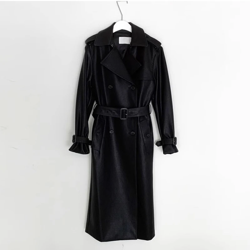 Clothland Women Stylish Black PU Leather Trench Coat Double Breasted Belt Long Sleeve Windbreaker Long Thick Jacket CB187