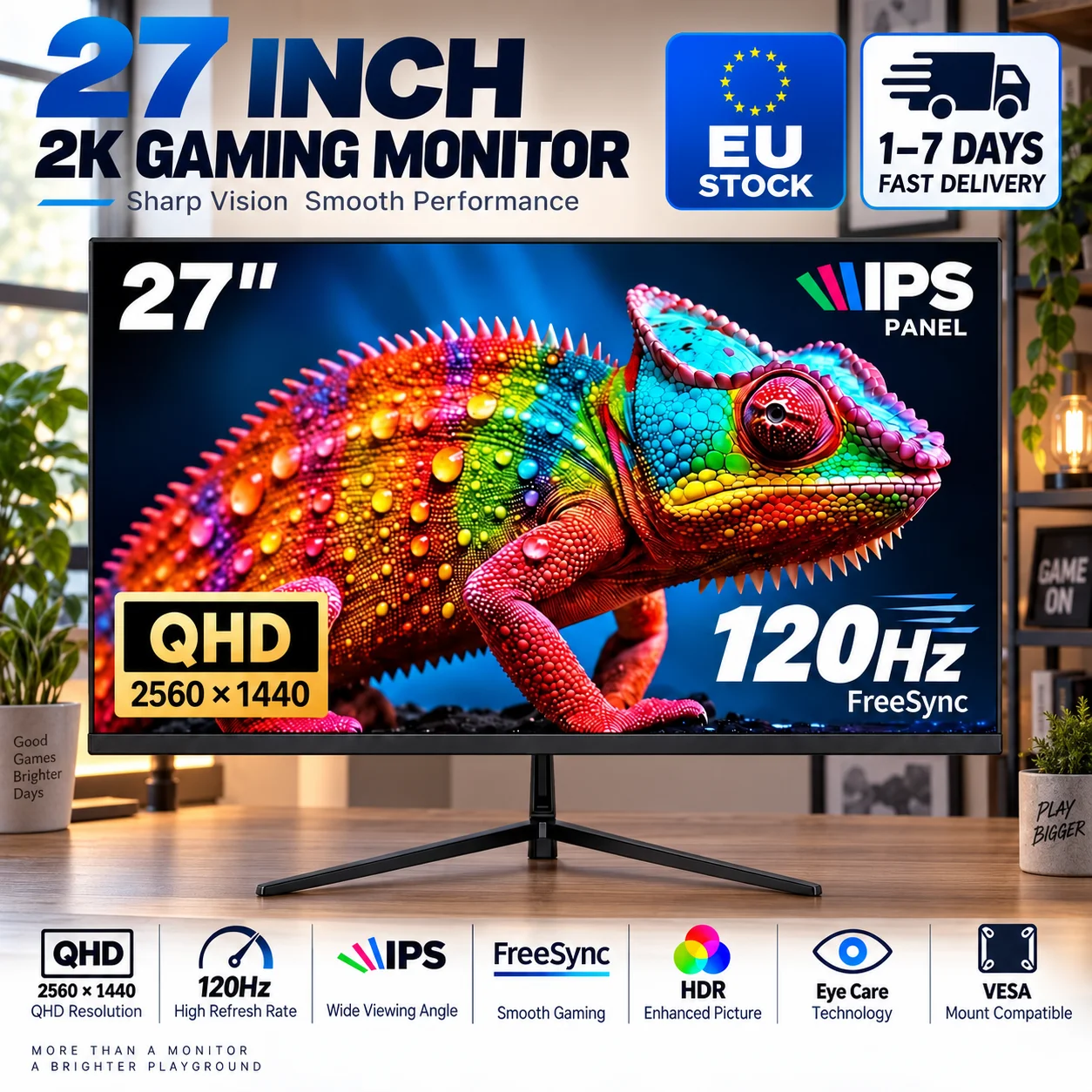 Monitor para juegos Crua GF270A de 27 pulgadas, con panel IPS, resolución QHD de 2560 x 1440, frecuencia de actualización de 120 Hz