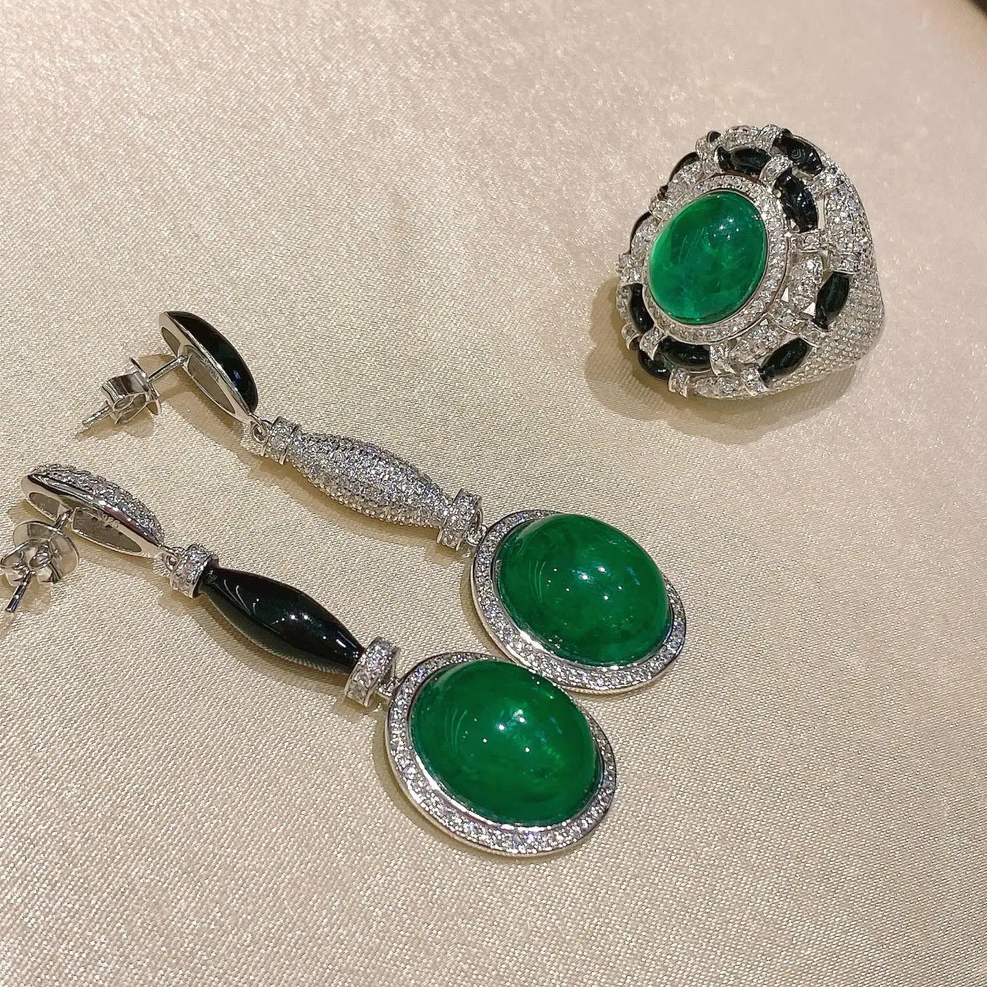KQDANCE Top S925 Sterling Silver with Black Enamel created Emerald Ruby Earrings and Rings Big Green Red Blue Stone Jewelry Set