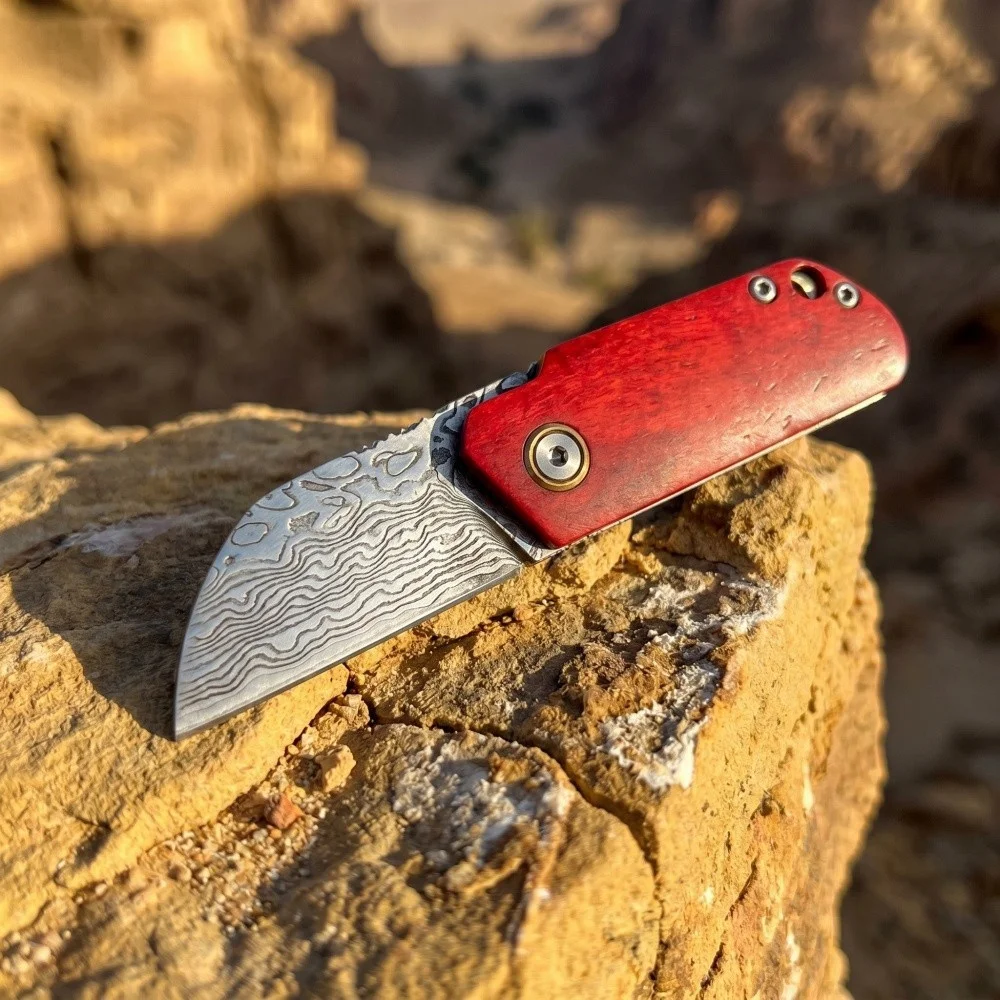 Vintage Red Handle Damascus Steel Folding Pocket Knife Natural Bovine Bone Compact EDC Carry Knife for Camping and Daily Use