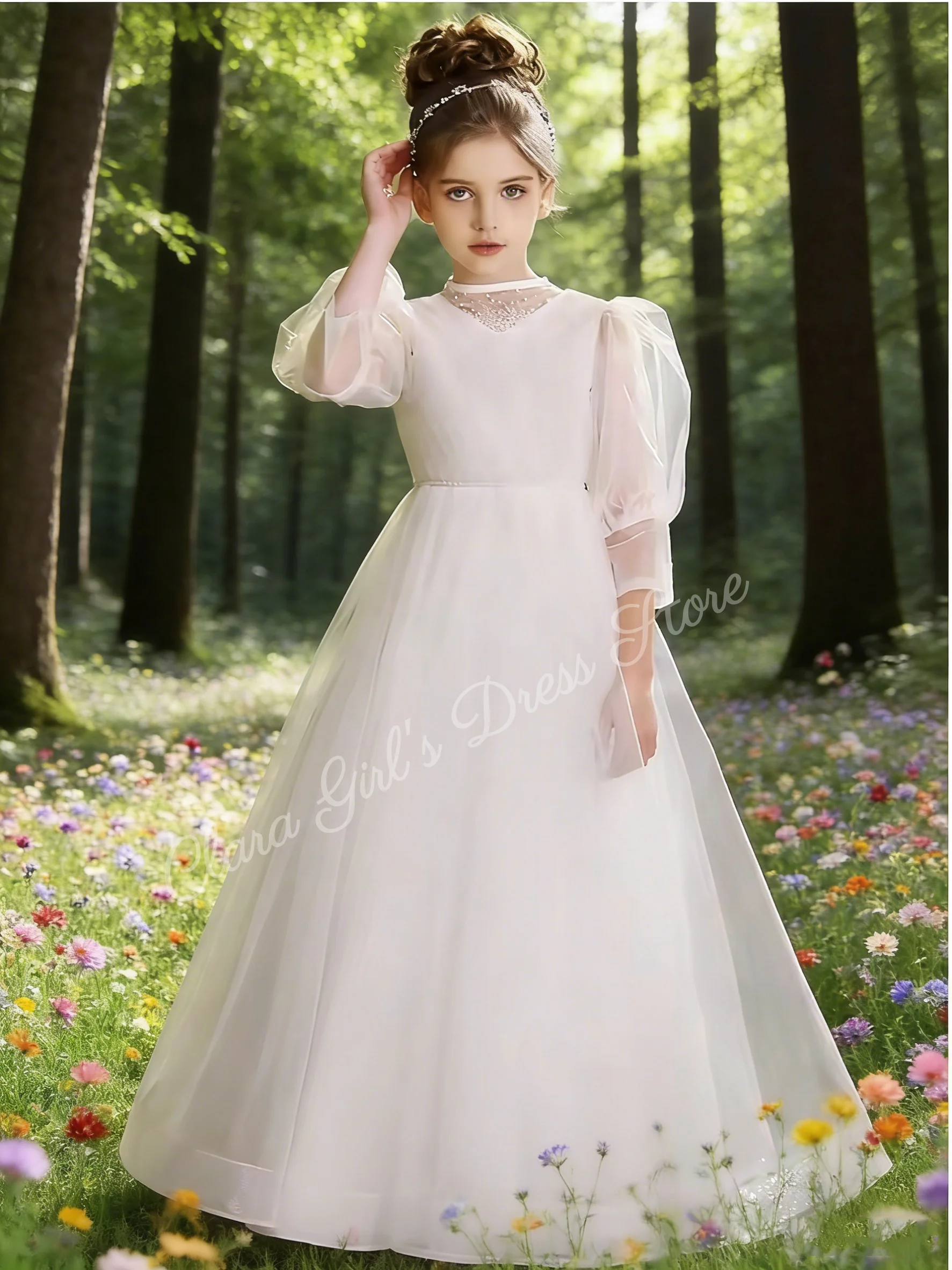 Aanpasbare witte bloemenmeisjesjurk met gezwollen tule rok voor verjaardagsfeestjes voor kleine meisjes, optochten en bruiloftsdinerjurken