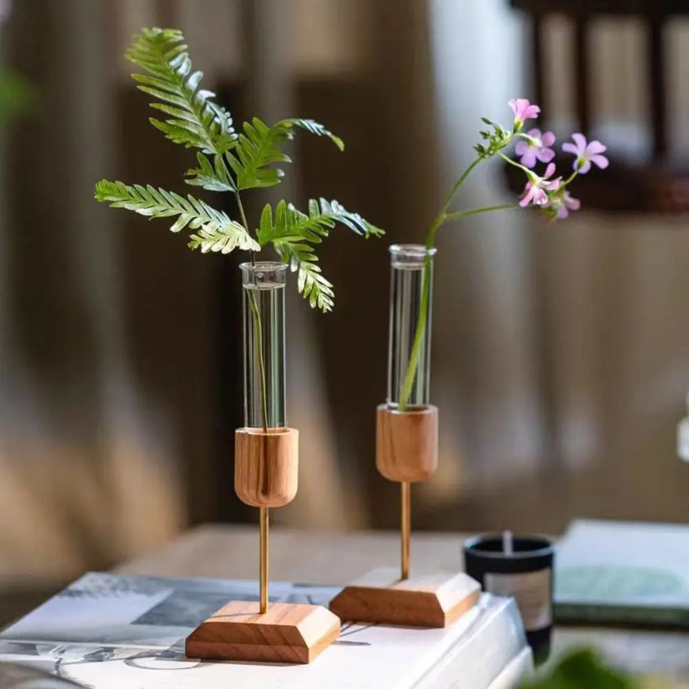 

Creative Hydroponic Plant Vase Wooden Base Minimalist Flower Arrangement Container Elegant Easy To Clean Glass Flower Vase