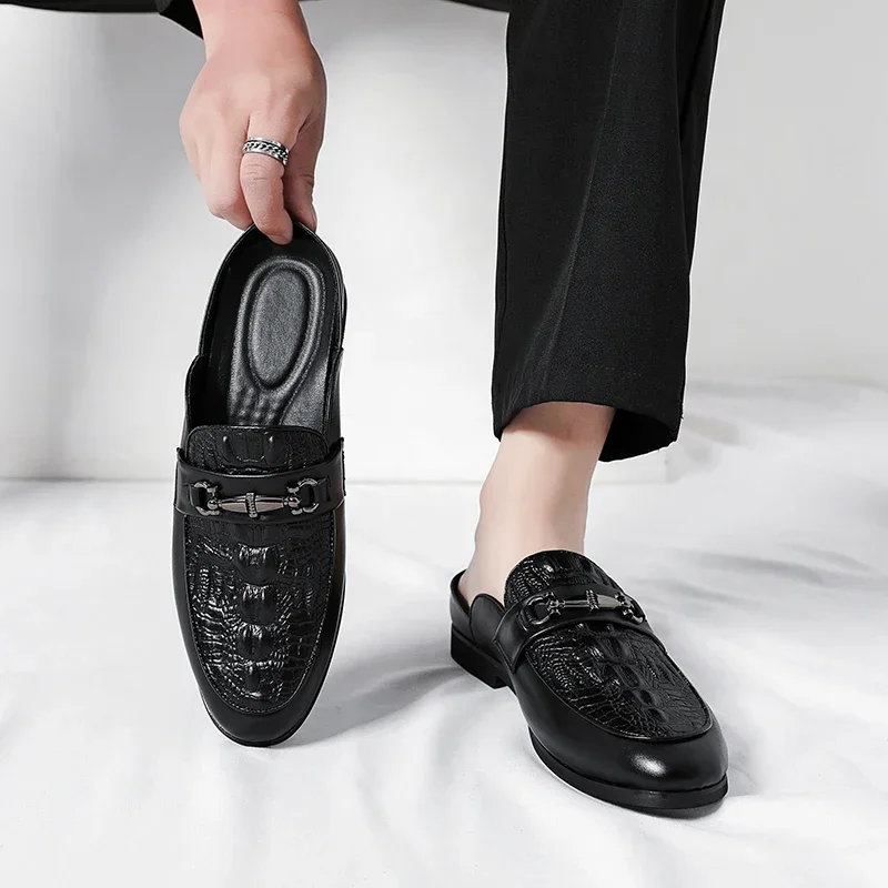 

Mules Shoes Men PU Embossed Metal Buckle Decoration Low Heel Daily Men Casual Half Headed Sandals Large 38-48