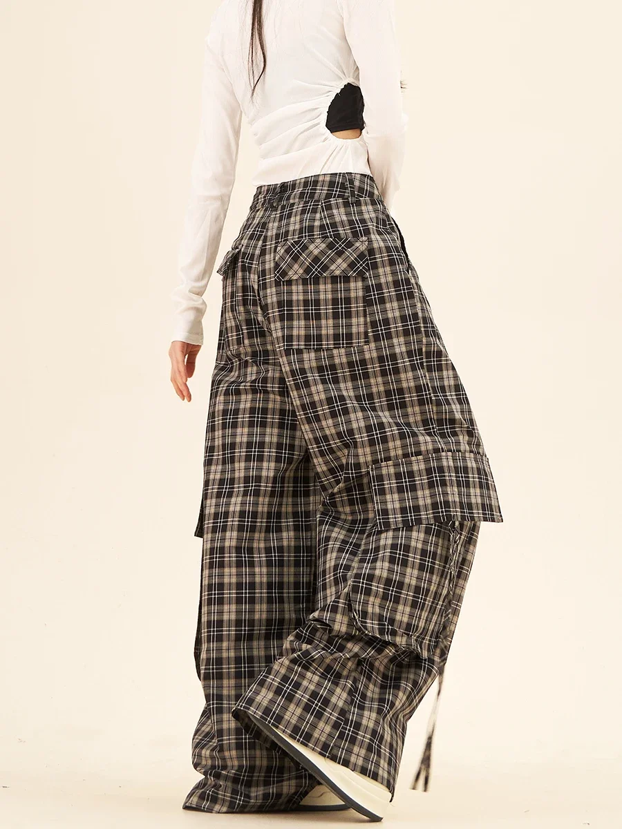 

Gradual Change Plaid Drawstring Large Pocket Casual Pants Women's 2024 Autumn New American Lazy Wide Legs