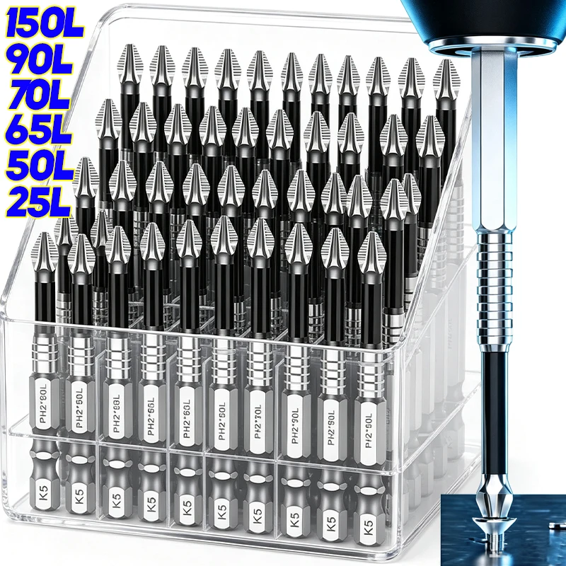 Conjunto de Pontas Magnéticas Fortes K5 para Parafusadeira, Antiderrapantes, em Aço de Alta Liga, Cabeça Cruzada, Resistentes a Impactos e Elétricos