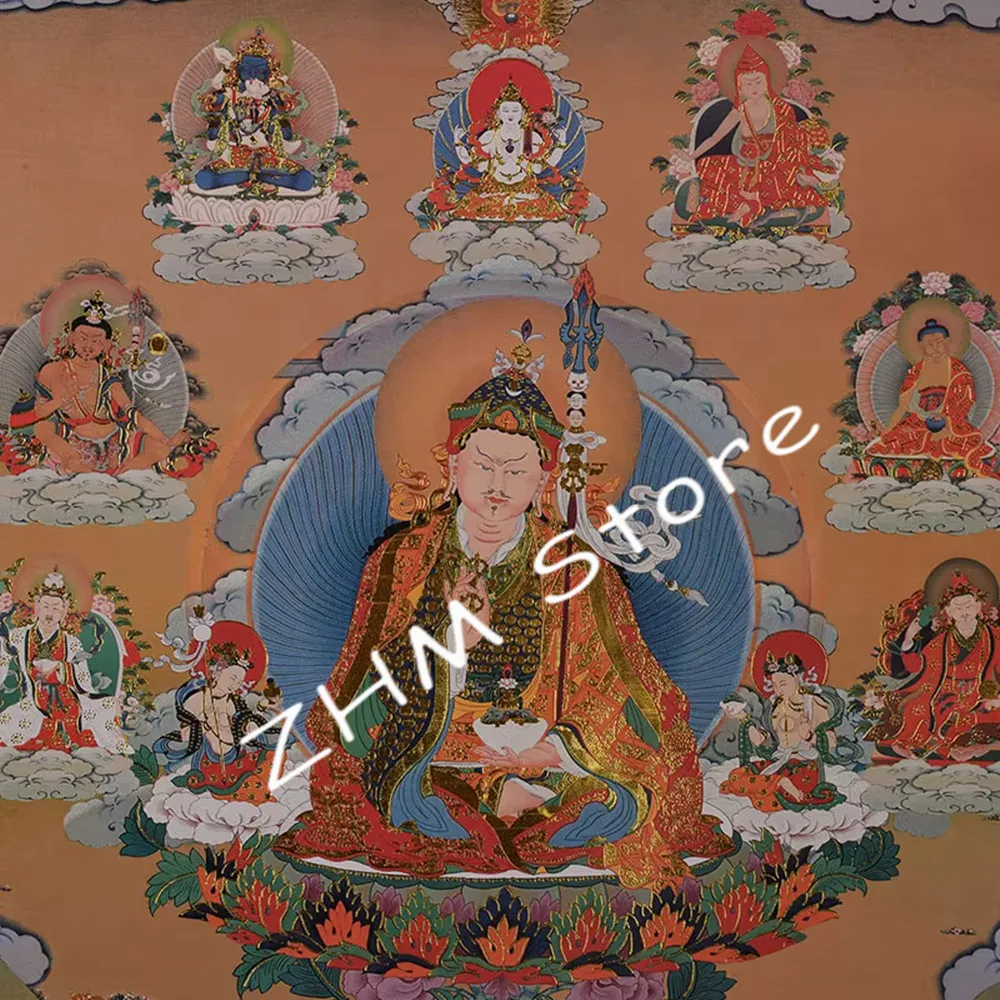 Tibetan Tangka Gold Print Buddhist Lotus Eight Buddha Painted Figurine Home/Temple/Living Room Hanging Dragon Decorate Craft