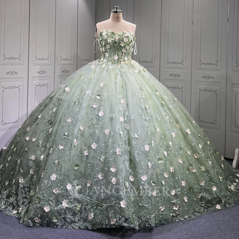 

Mint Green Shiny Quinceanera Dresses Ball Gown Off The Shoulder Sequin Applique Lace Beading Flower Bow Tull Corset Sweet 16
