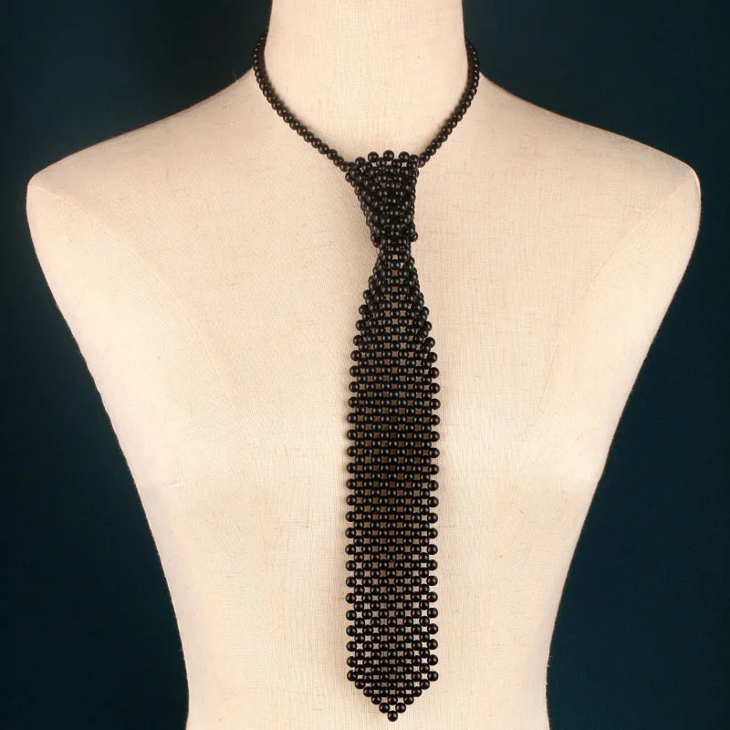 3 Colors Available Beaded Faux Pearl Tie Necklace, Unique Design Bow Tie Decor, Versatile Stylish Accessory for Shirts