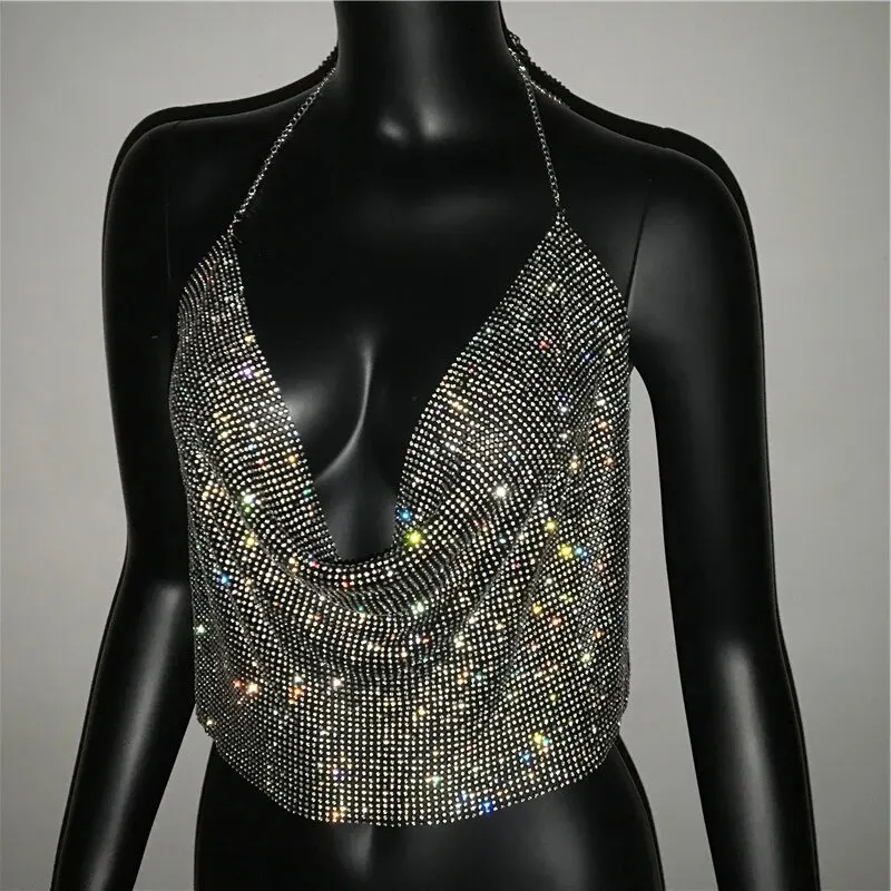 Festival Brilliant Strass rückenfreies Party Crop Top Damen 2025, Sommer, Glitzer, Abend, V-Ausschnitt, Diamanten, Metall-Tanktops – Detail 8