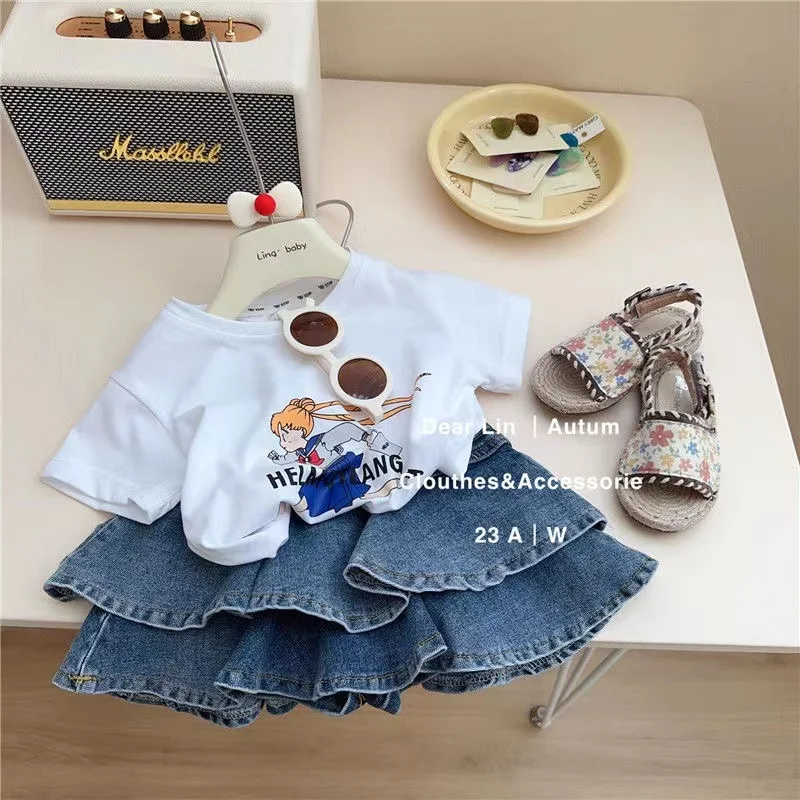 Korean Children\'s Clothing Set For Girls 2024 Summer New Sweet Cotton Cartoon Short Sleeve T-shirt Denim Skirt Two Piece Set