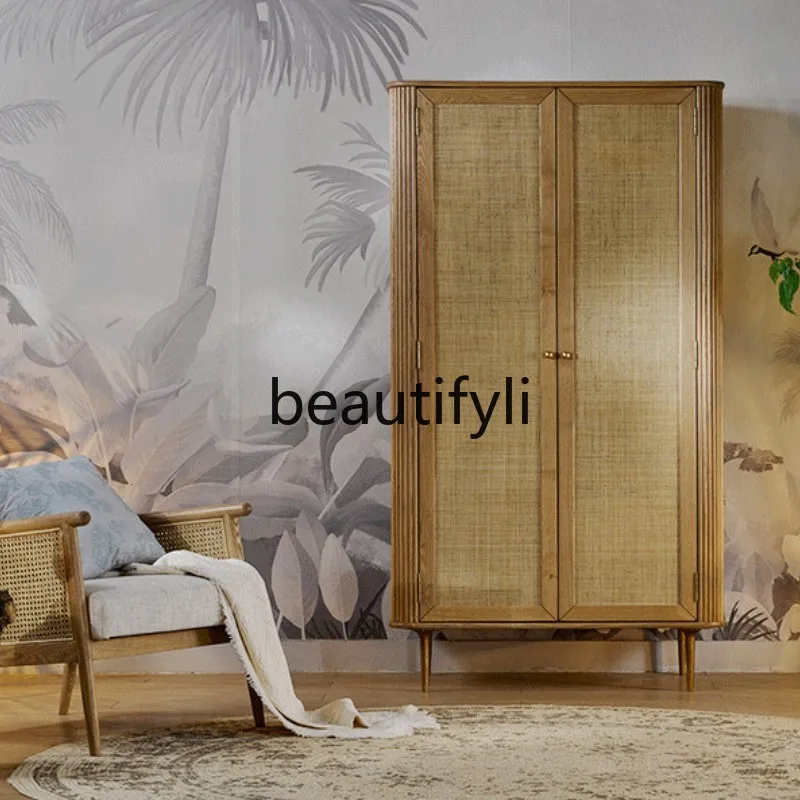 

Homestay Bedroom Solid Wood Wardrobe Japanese Style Home Bedroom Rattan Storage Cabinet Small Apartment Light Luxury Wardrobe