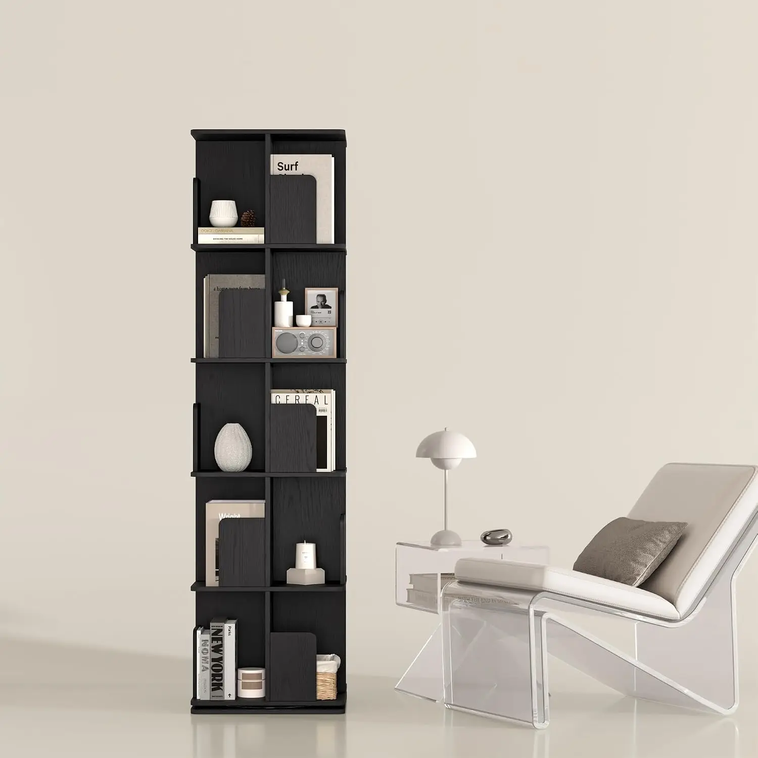 Square Rotating Bookshelf 2 Tier Wood Spinning Bookcase Narrow Floor Standing Storage for Books DVDs Manga, Customized
