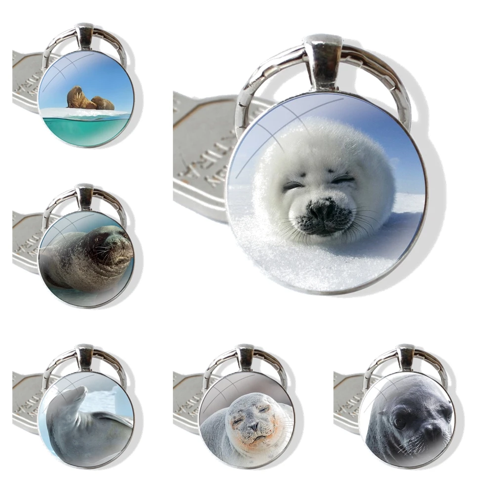 Keychain Handmade Glass Cabochon Key Ring Holder Pendant Key Chains sea seal animal