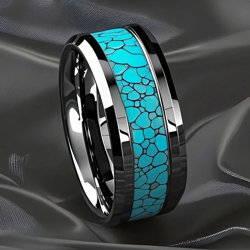 Fashion 8MM Inlay Men Blue Turquoise Rings Beveled Edge Stainless Steel Rings for Men Women Wedding Engagement Band Jewelry Gift