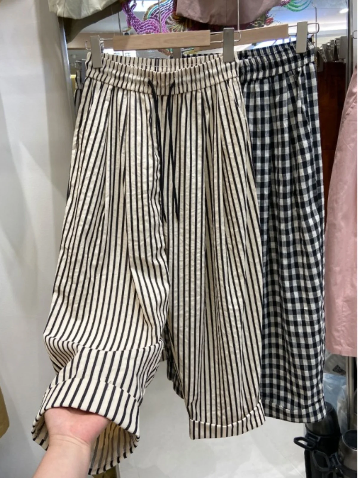 고급 여성용 스트라이프 하란 팬츠 여름 루즈 스트레이트 레그 와이드 레그 팬츠 소형 사이즈 나인 포인트 올드 대드 팬츠