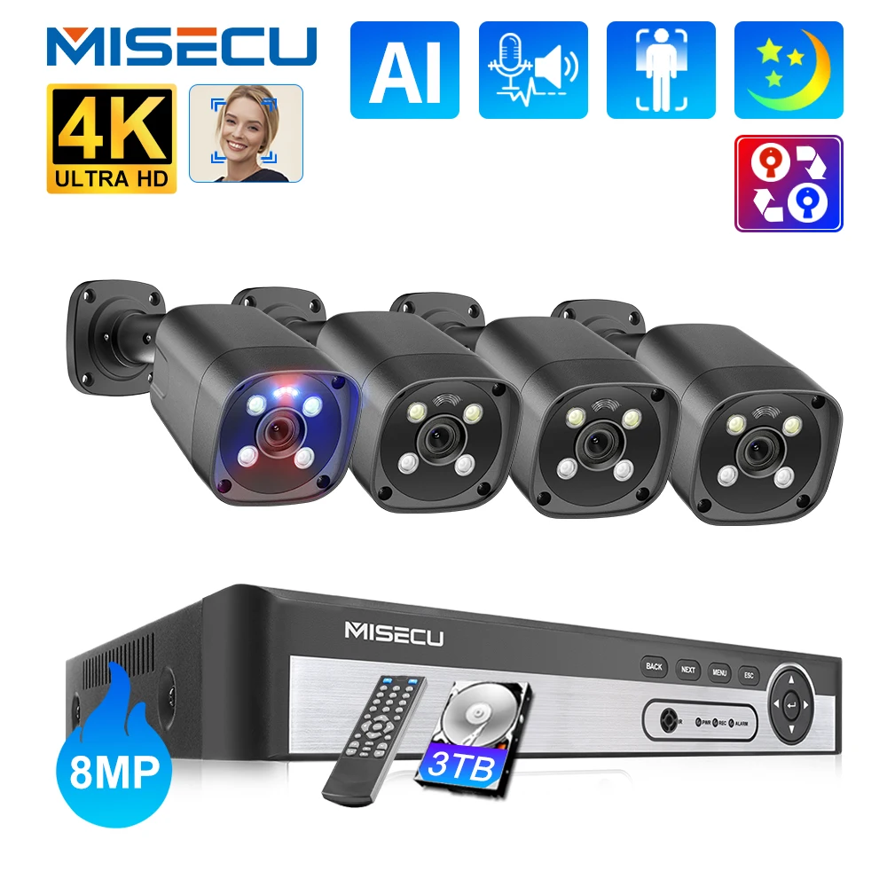 Misecu 8CH 4K 8MP POE Security Camera System Waterproof Two-Way Audio Face Detect Color Night Vision CCTV Video Surveillance Set