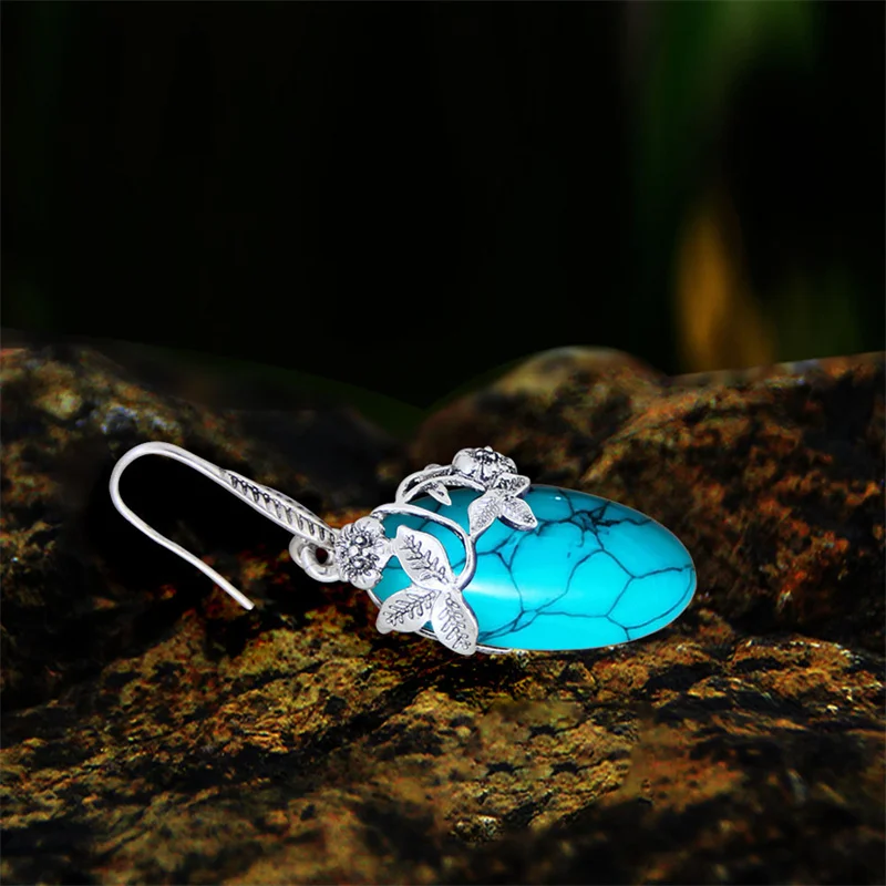 Vintage Eye Shape Synthetic Turquoises Flower Earrings For Women Antique Silver Plated Leaf Plant Fashion Earring