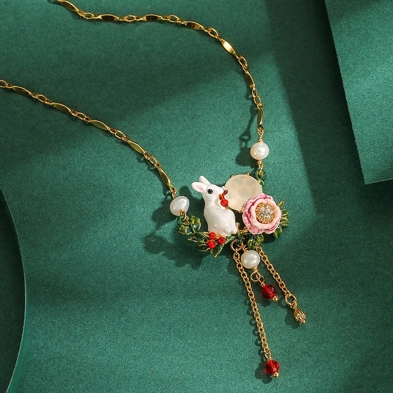 French Fashion Sweet Glazed Set White Pearl Rose Blossom Gem glitter Rabbit Little Red Fruit Tassel Pendant Collar Necklace