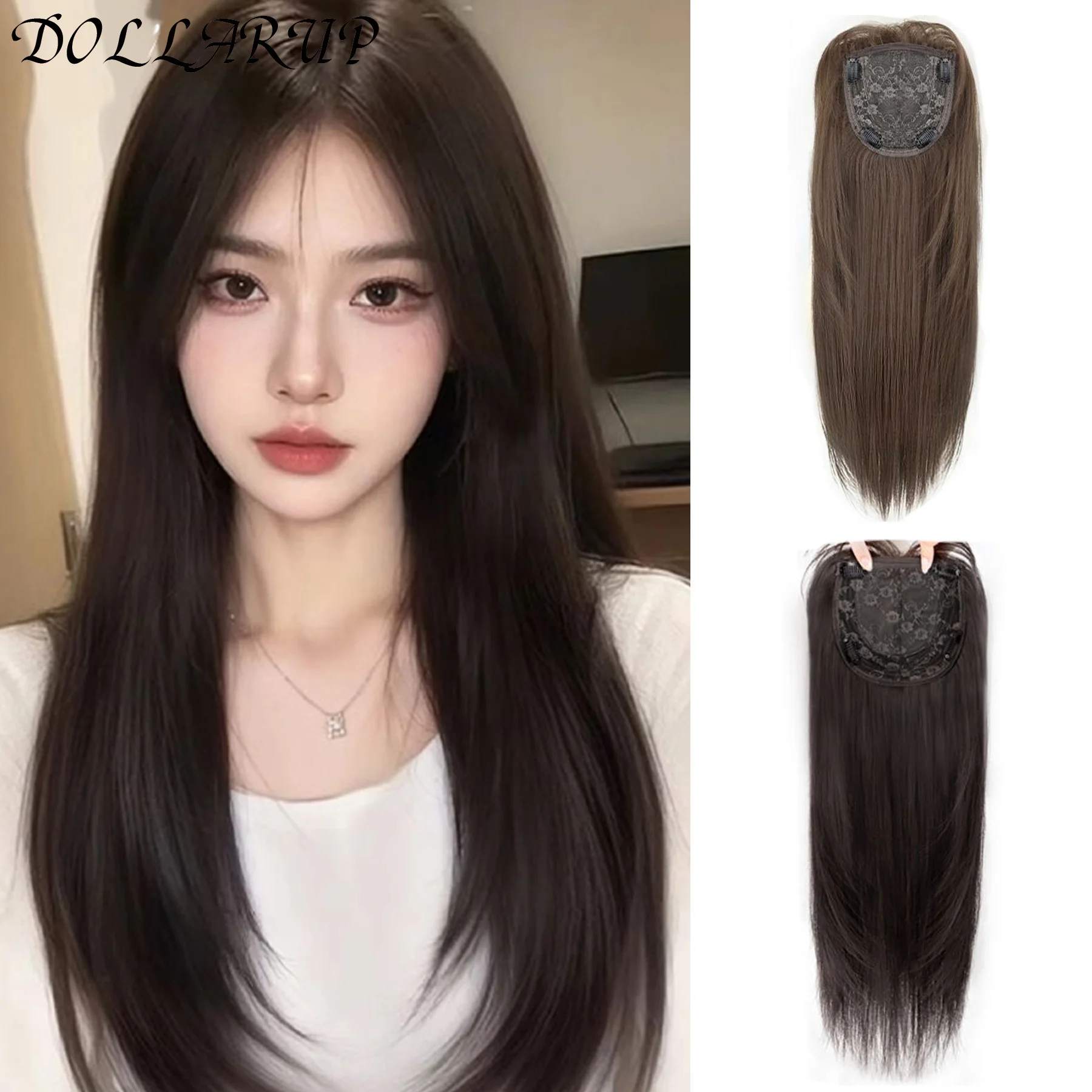 DOLL Hair Toppers for Women 21.5'' Striaght Topper Hair with Bangs for Thinning Hair Synthetic Hairpieces Bangs Hair Extension