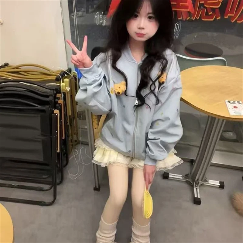 여성용 도파민 베어 펜던트 코트 2025년 봄 신상 루즈핏 스몰 스타 프린트 다용도 학생용 트렌디 탑 여성