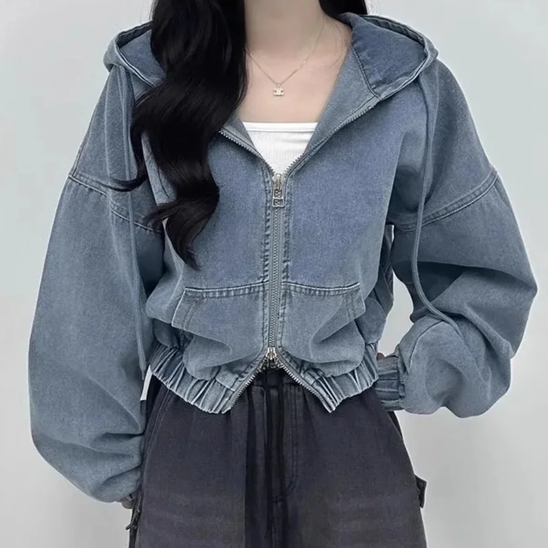 

Chic Autumnal Double-Zipper Loose Casual Versatile ort Svel Hooded Denim Jaet Women's Faion Commute Sle Outerwear
