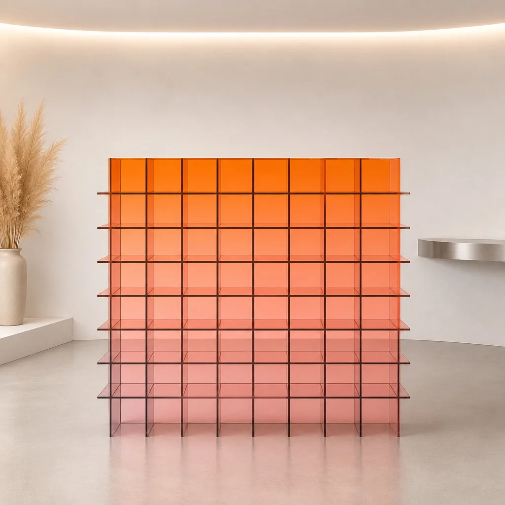 fv-Commercial Acrylic Grid Room Divider Gradient Orange Acrylic Display Cabinet Freestanding Acrylic Display Rack for Gallery