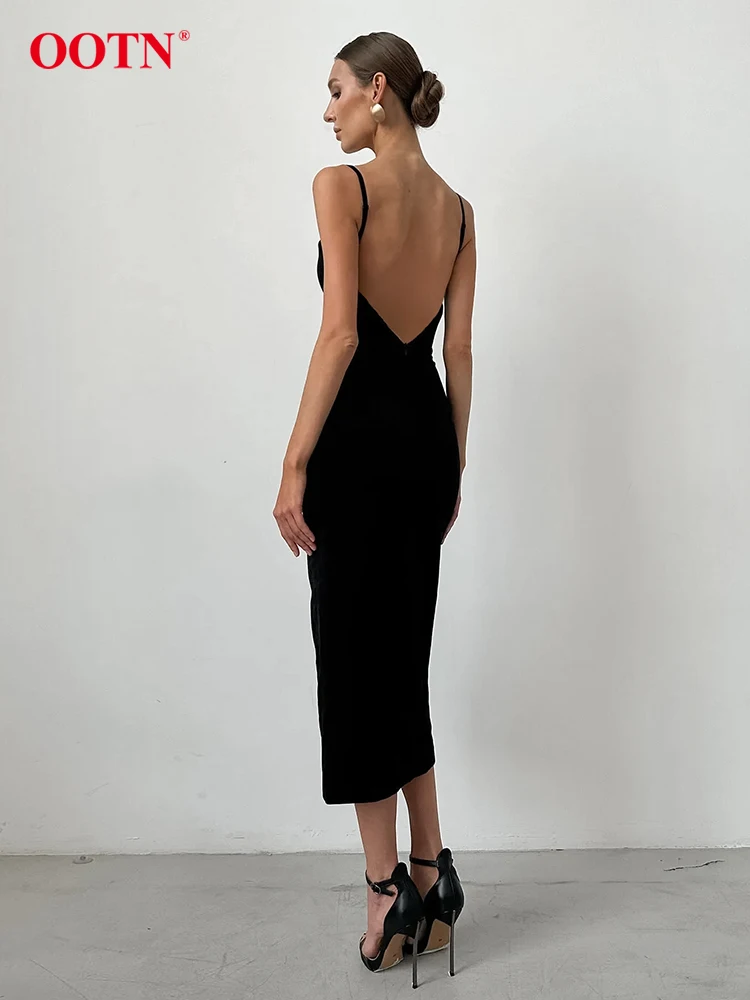 OOTN Elegant Backless Black Dress Women Summer Spaghetti Strap Elastic Sexy Slit Dressess Fashion Solid Slim Party Long Dresses