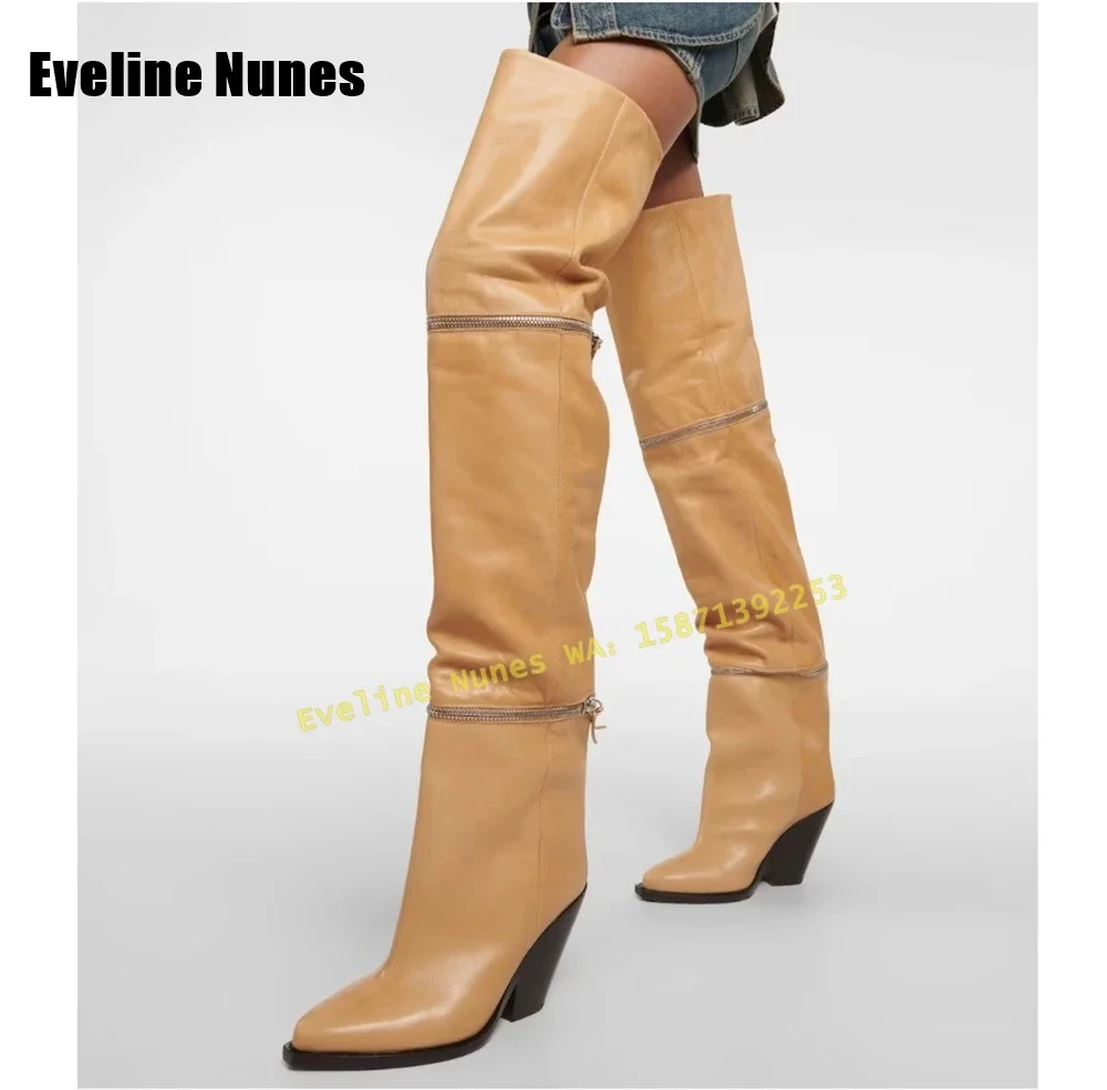 

Detachable Zipper Pointed Toe Chunky Heels Long Boots 2025 Plus Size New Style Brown Street Style Spicy Girl Over The Knee Boots