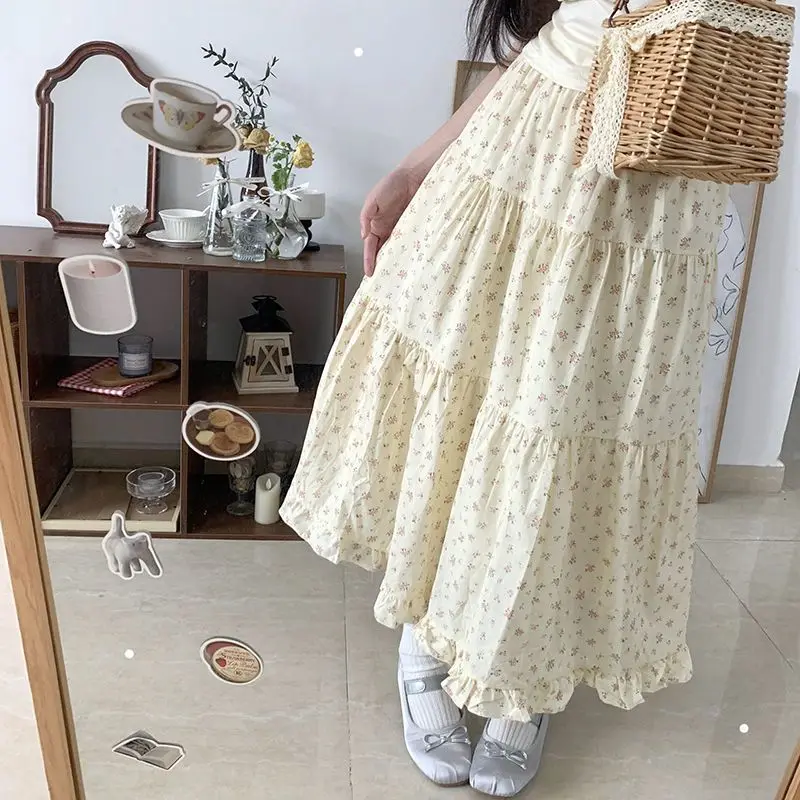 Japan Style Sweet Floral Skirts Women 2025 New High Waist Spliced Ruffle A-line Cake Long Skirt Kawaii Beach Faldas Ins