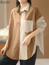 Jesienne koszule damskie Casual Baggy Blouse ZANZEA Fashion Lapel Neck Long Slevve Blusas Femme Patchwork OL Work Tops Loose Chemise